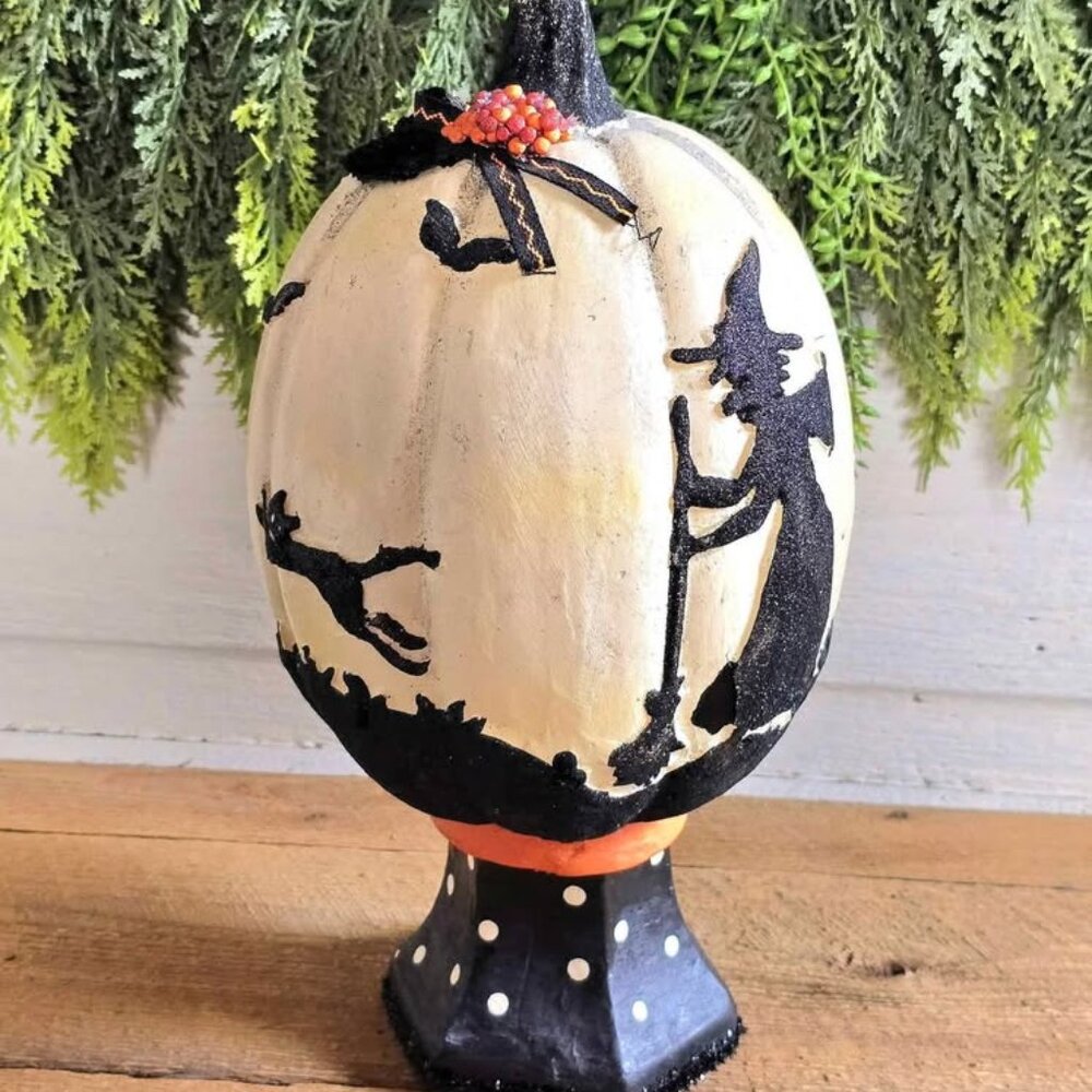 White Black Silver Glitter Polka Dot Pumpkin with Cats Bats & Witch Decoration